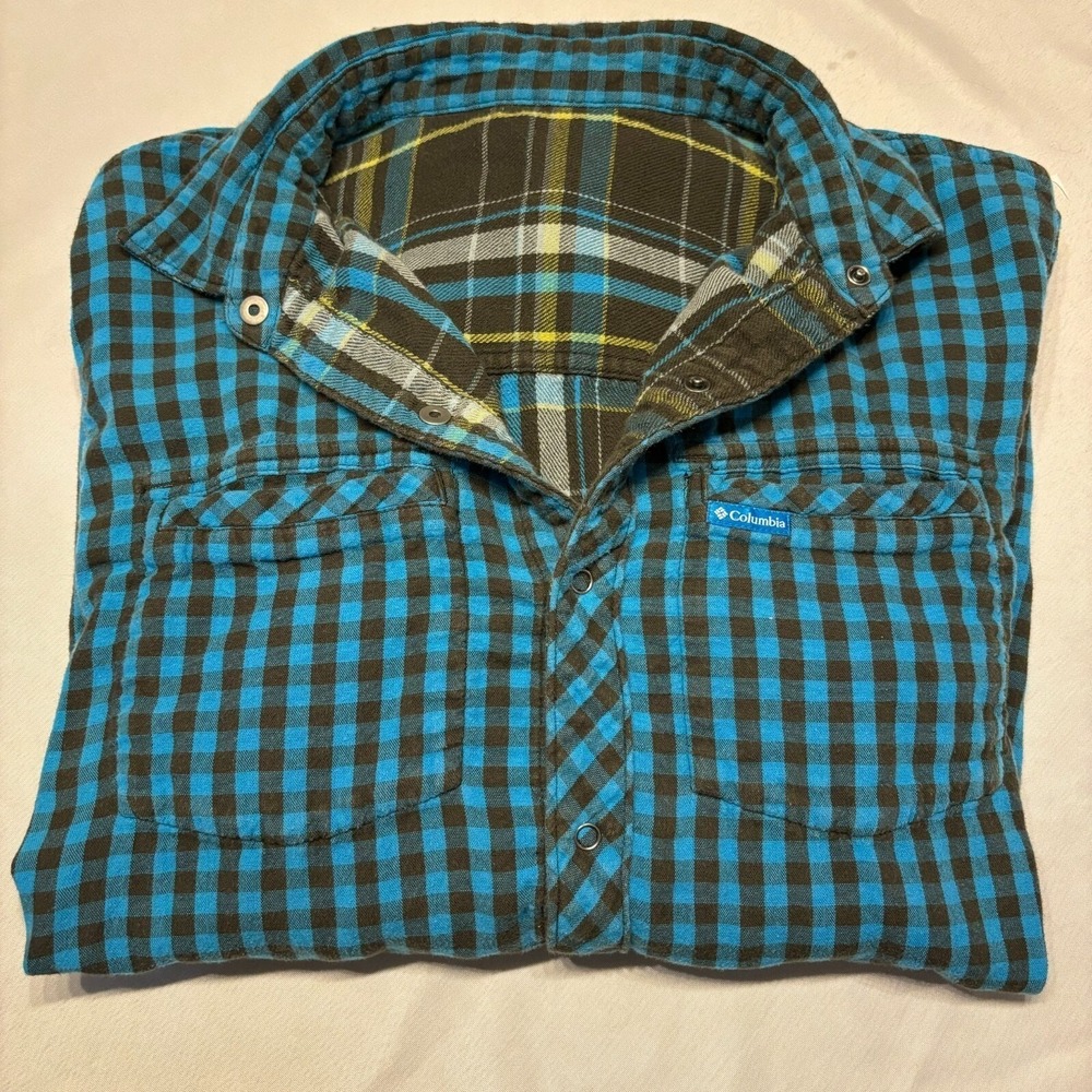 Columbia Mens Reversible Flannel Shirt Blue Brown Plaid Snap Front L Warm Layer